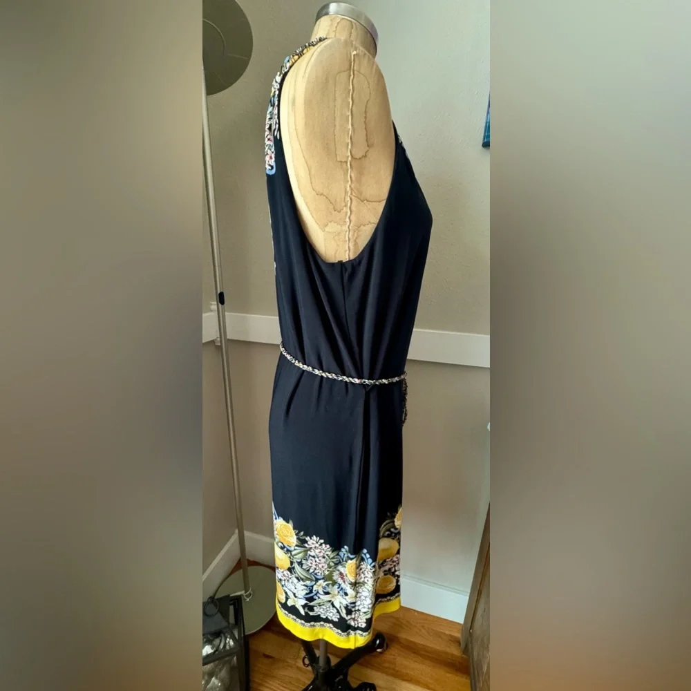 White House Black Market Black Halter Dress with Yellow Floral Trim NEW, Large - Picture 2 of 7